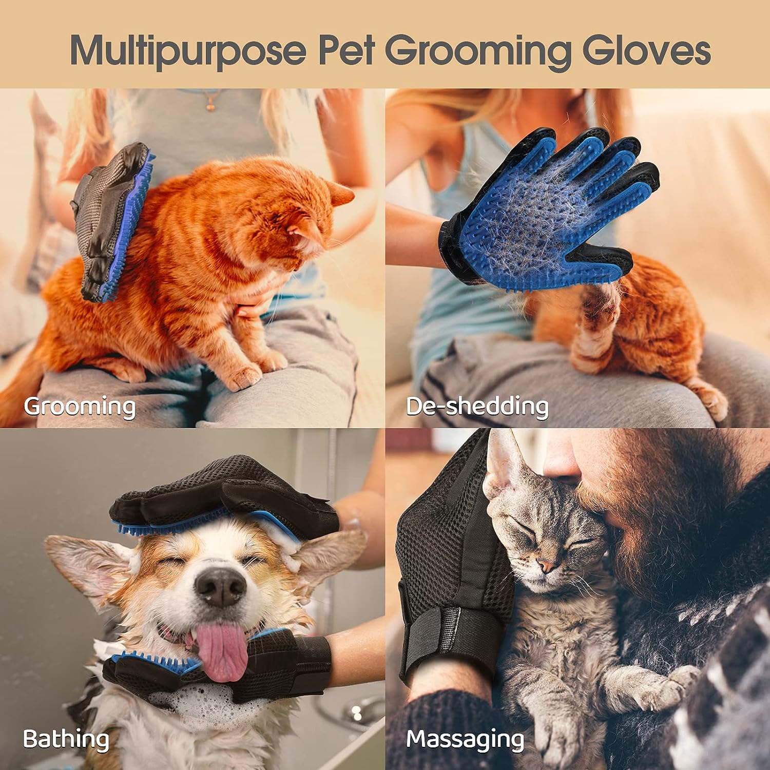 Pet Grooming & Shedding Gloves (Dogs, Cats & Horses)